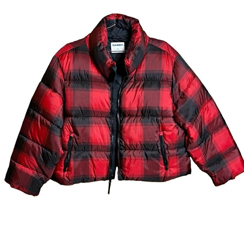 Old Navy Women’s Water-Resistant Plaid Puffer Jacket Red/Black L Y2K